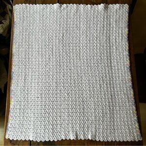 Handmade White Crochet Baby Blanket with Pastel Trim 34x40"